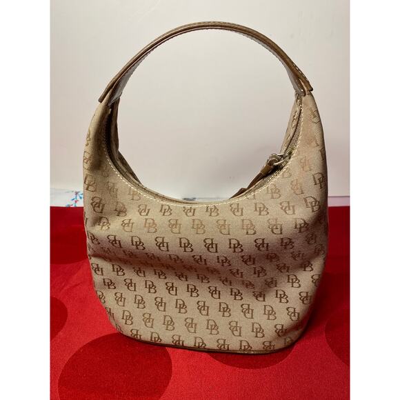 Dooney & Bourke Tan Brown Logo Print Mini Bucket Bag Purse 6x8 in Zipper fob EUC - Picture 5 of 15